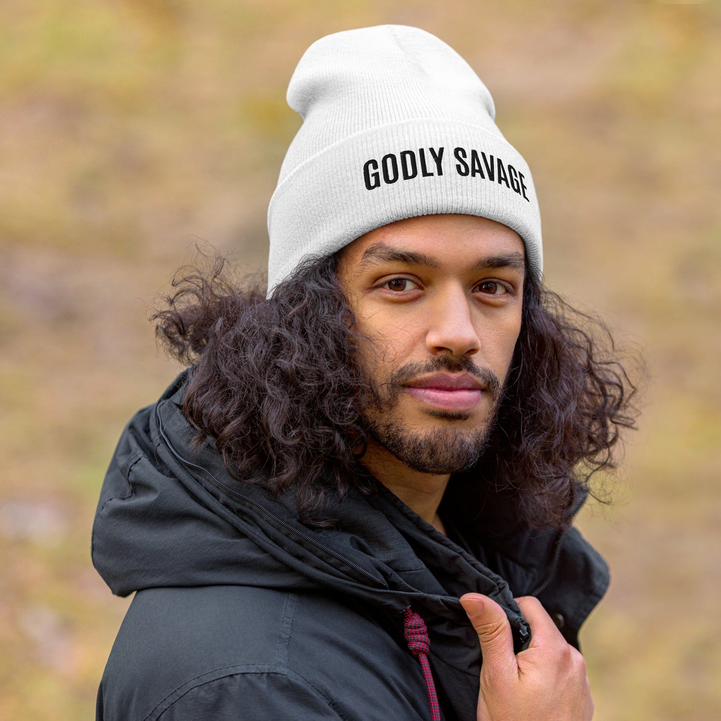 White "Godly Savage" Cuffed Beanie