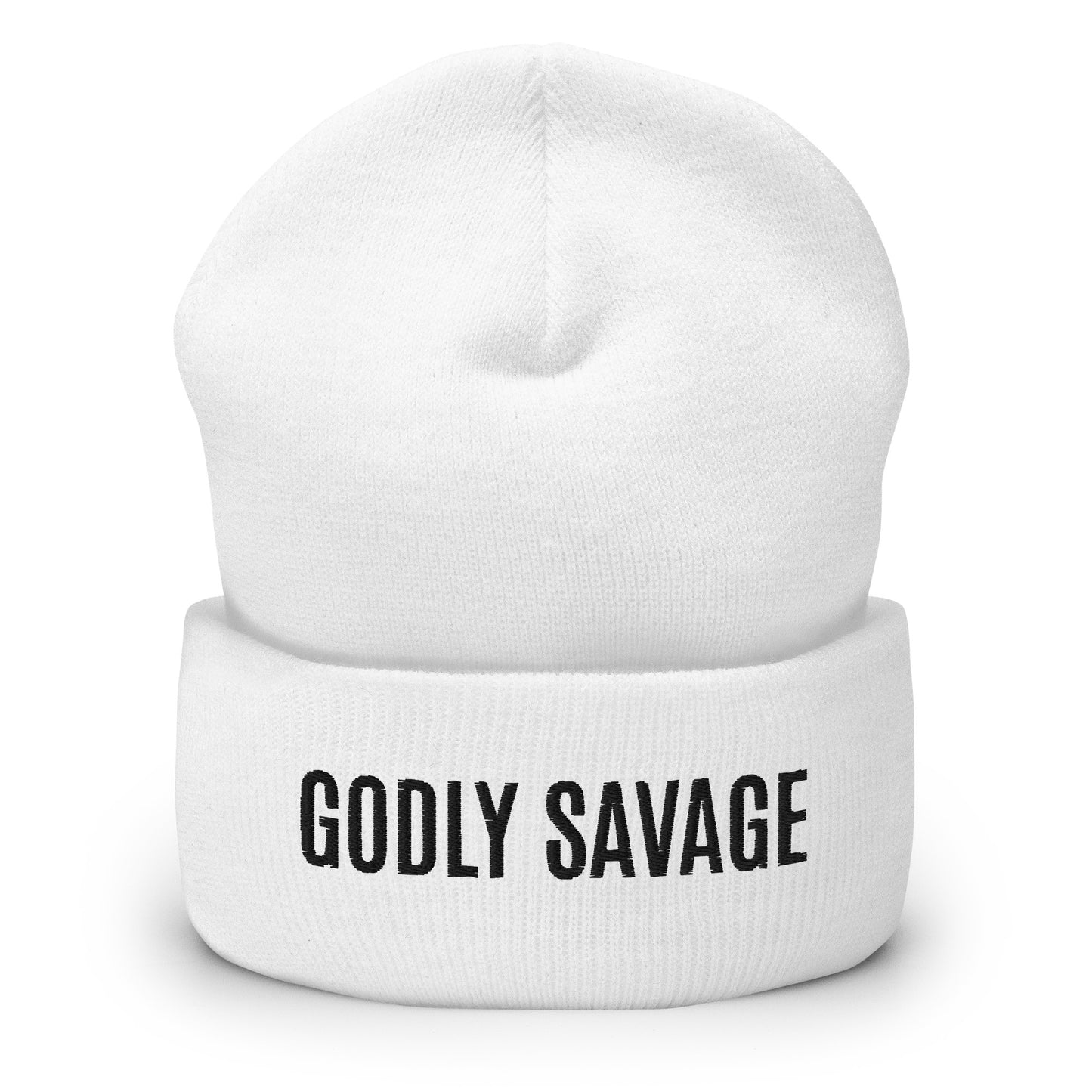 White "Godly Savage" Cuffed Beanie