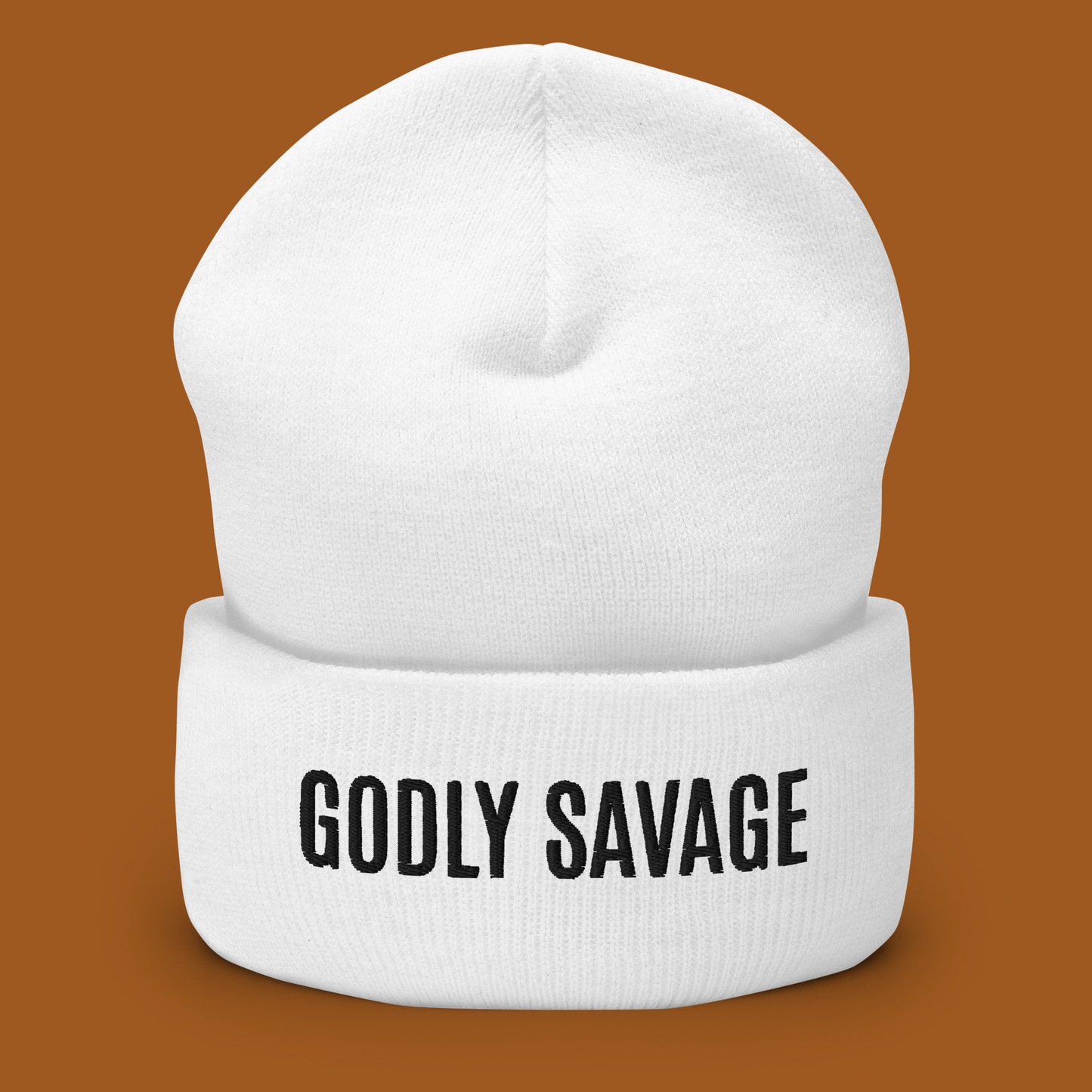 White "Godly Savage" Cuffed Beanie
