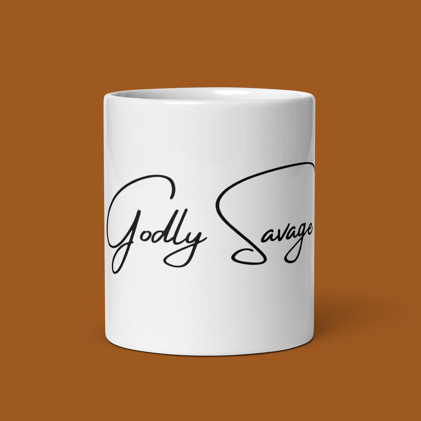 Cursive "Godly Savage" White Glossy Mug